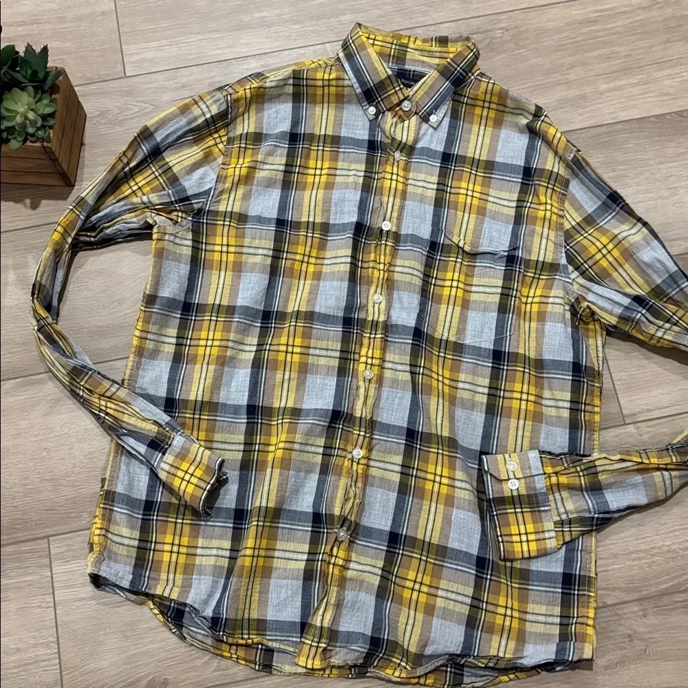 Banana Republic Yellow and Gray Plaid Casual Shirt size large
